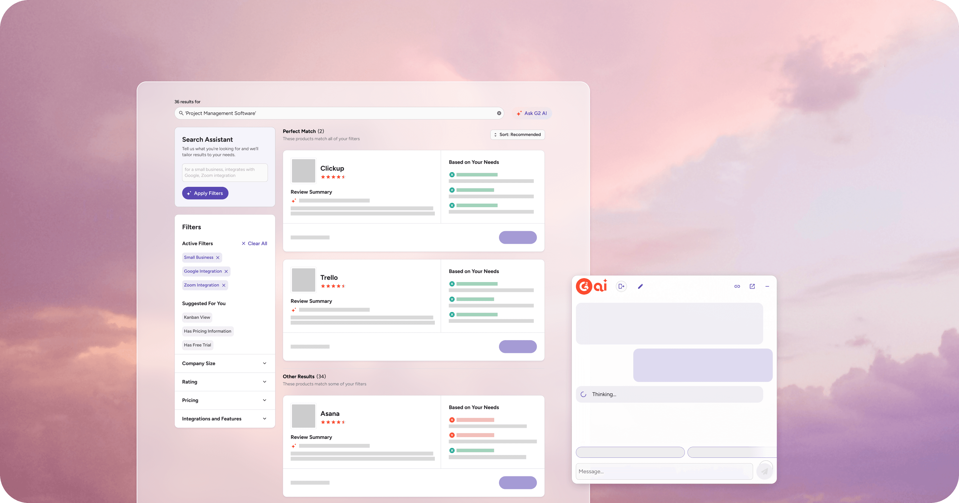 Personalized G2 search results alongside the G2 AI assistant