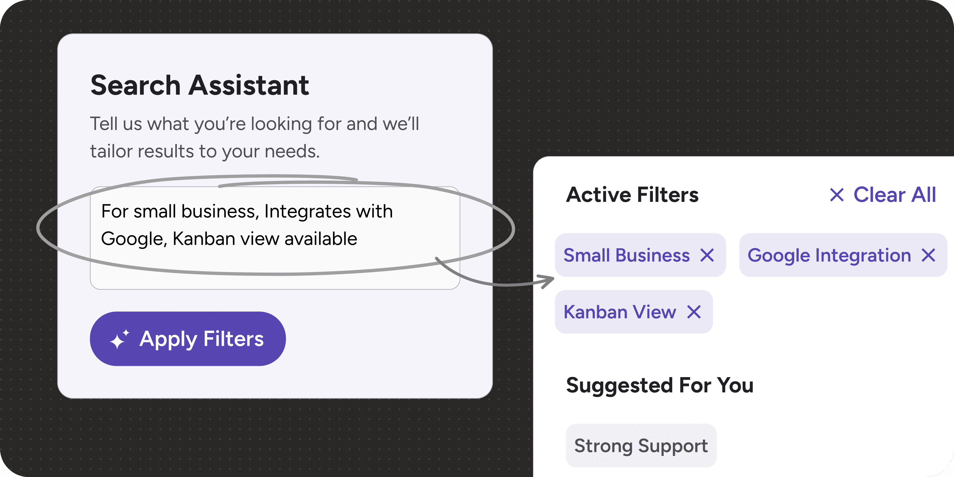 Search Assistant translating a buyer’s written needs into active and suggested filters