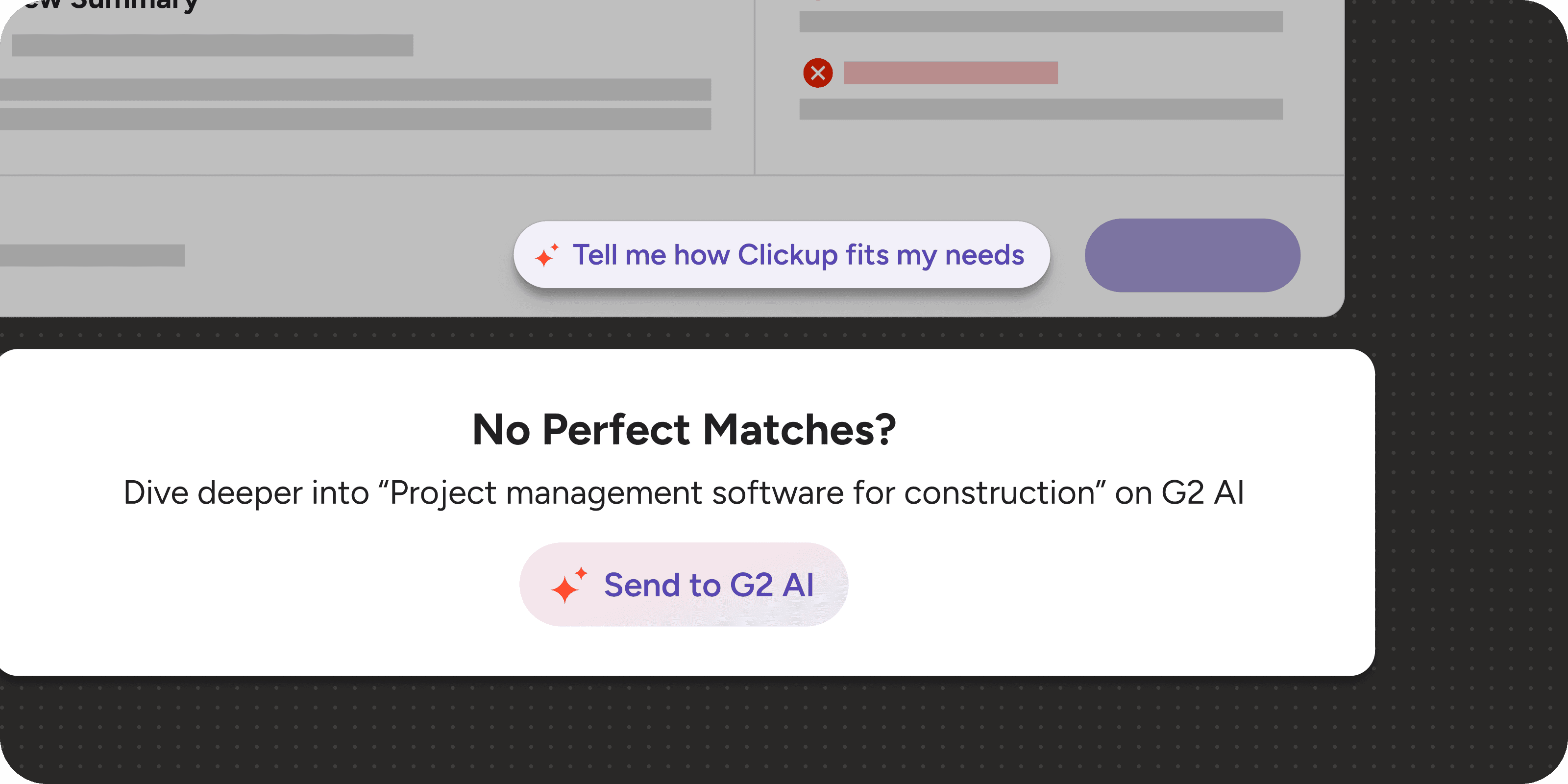 Contextual G2 AI entry points shown within product cards and empty search results
