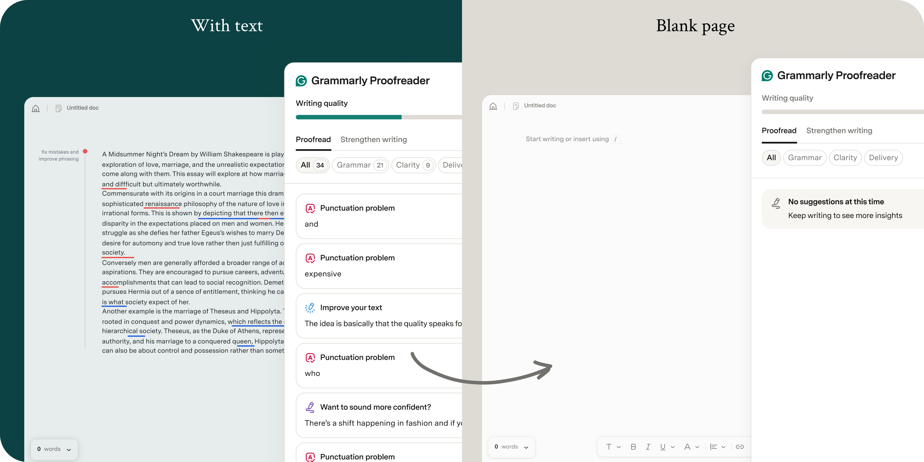 Comparison of Grammarly Editor with writing present and on a blank page