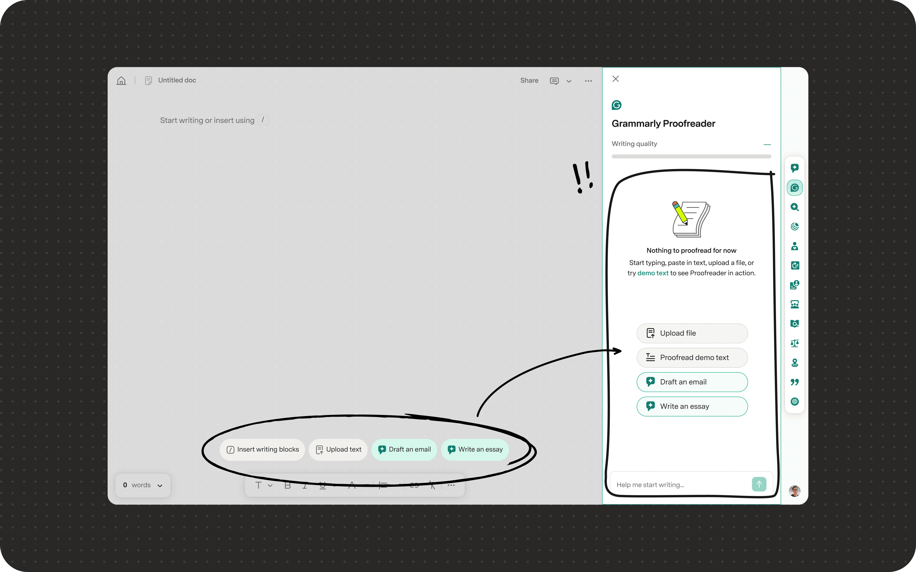 Scattered Grammarly Editor calls to action brought into the agent panel