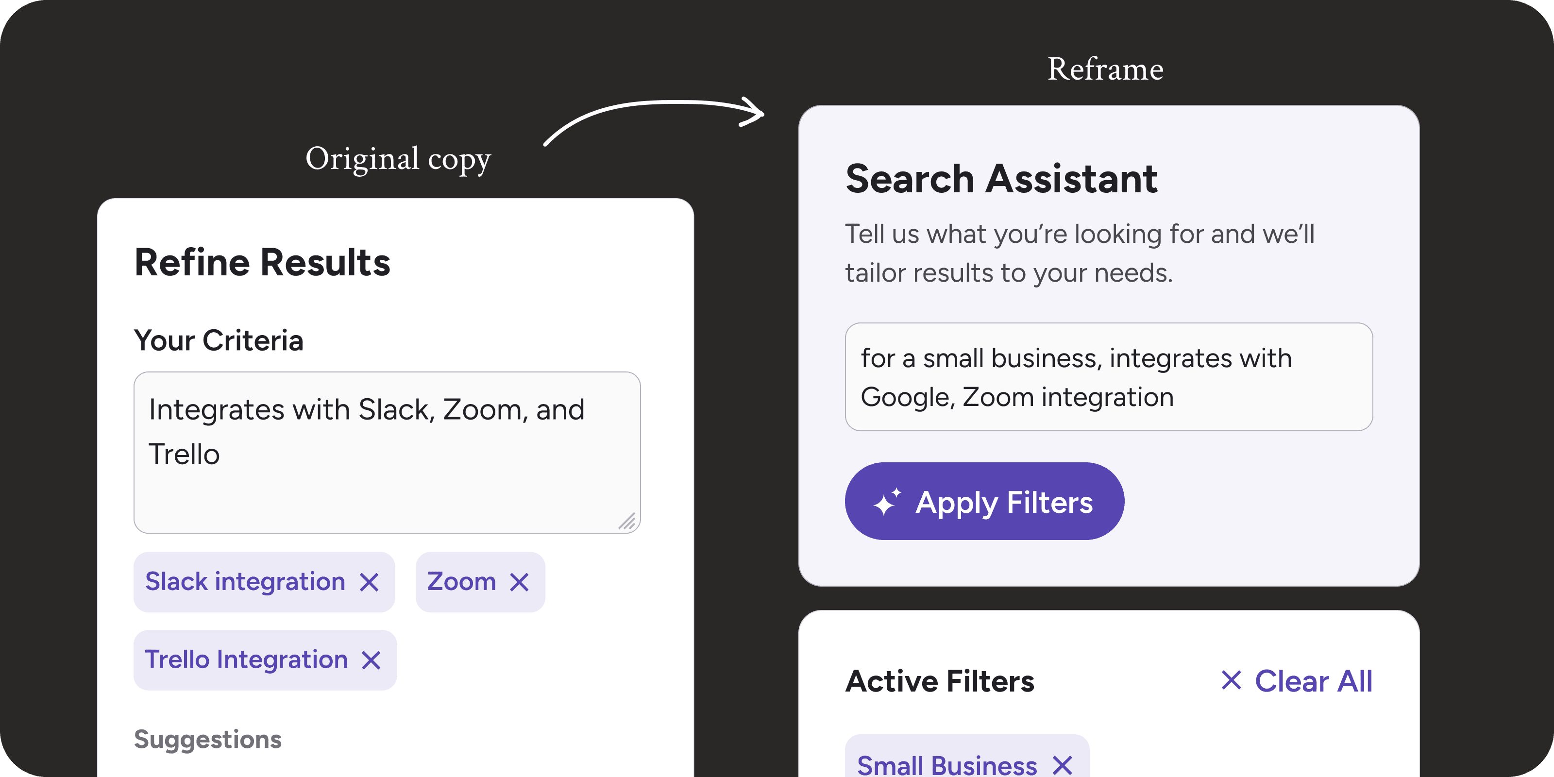 Before-and-after exploration reframing Refine Results as a Search Assistant with an explicit Apply Filters action