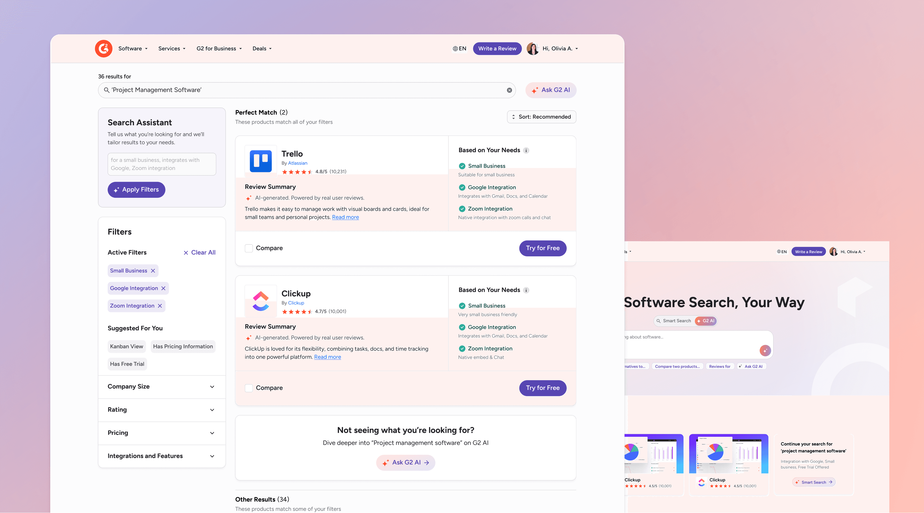 Final G2 search redesign combining the Search Assistant, traditional filters, personalized product matches, and contextual entry points into G2 AI